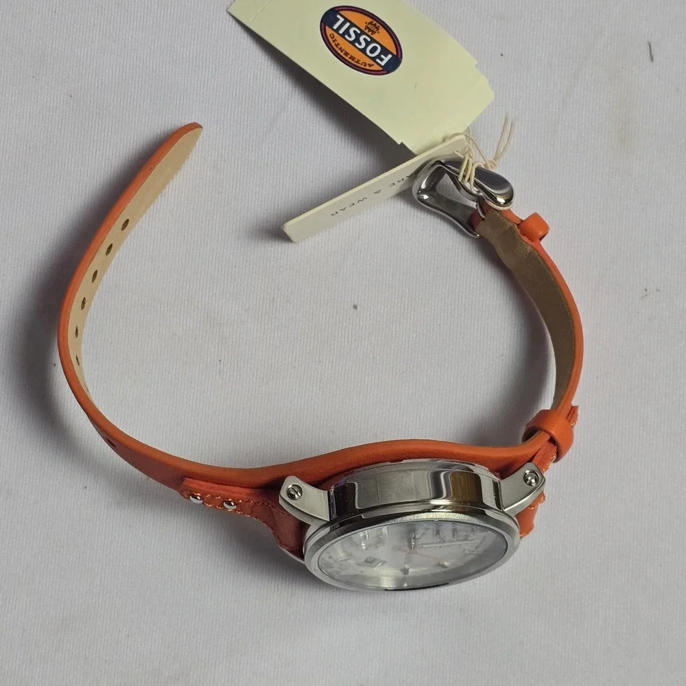 Fossil Del Rey Chronograph Orange Leather Cuff Watch ES3768 Silver Cream Dial